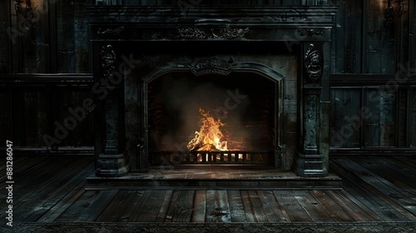 Fototapeta A fireplace with a fire burning in it. The room is dark and the fire is the only source of light
