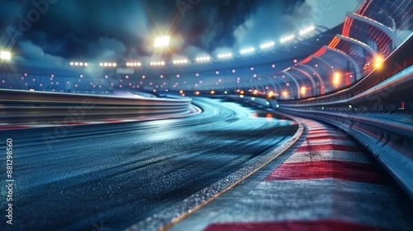 Fototapeta A dramatic race track at night illuminated with vibrant blue and white lights, showcasing the exhilarating curves and sleek barriers of the venue.