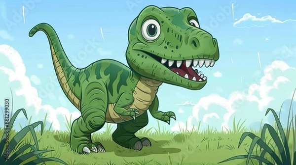 Fototapeta Illustration of a happy green dinosaur with large eyes standing on green grass against a blue sky background with clouds, showcasing a playful atmosphere.