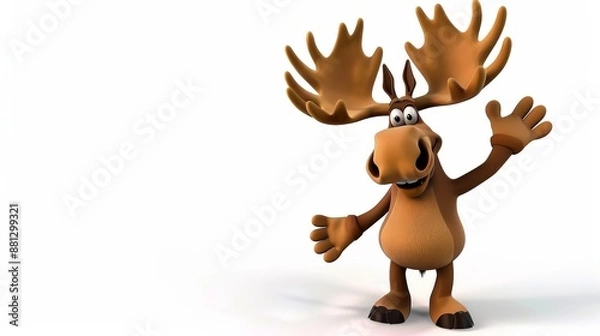 Fototapeta This image features an animated moose character waving hello warmly. The character has a big smile and seems very friendly, set against a clean white background.