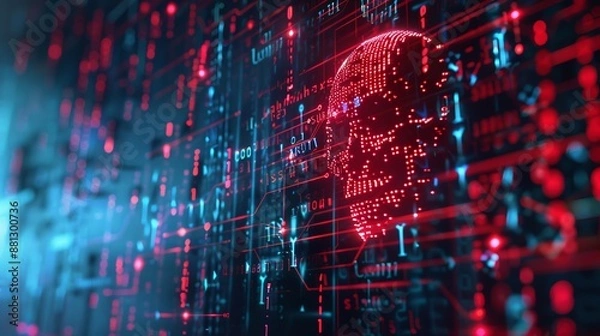 Obraz A red-themed representation of a skull made up of digital codes and abstract grids, symbolizing the fusion of life and digital technology in a grid-based landscape.