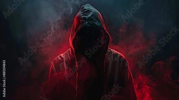 Fototapeta A hooded figure emerges menacingly from thick red fog with a dark background, creating a mysterious and foreboding atmosphere in this striking image.