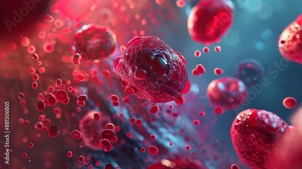Fototapeta The image depicts a vivid and highly detailed representation of red blood cells and other microscopic elements in the bloodstream, capturing the complexity of blood at a cellular level.