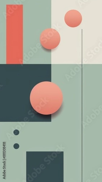 Fototapeta Digital artwork with red rectangle, orange circles, vertical line, and black squares on light green and beige background