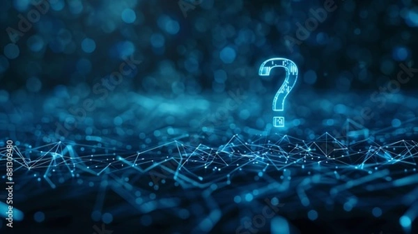 Fototapeta The image portrays a glowing question mark set within a digital network of lines and nodes with a blue and futuristic ambiance, hinting at inquiries and tech exploration.