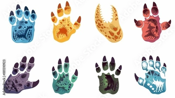 Fototapeta Vibrant dinosaur footprints illustrated in various colors and unique styles, offering a visually engaging representation perfect for children’s materials and decor.