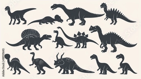 Fototapeta This collection features black silhouettes of 12 varied dinosaur species posing in different stances, designed meticulously to highlight their unique body structures. Ideal for creatives.