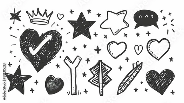 Fototapeta A collection of doodle illustrations featuring hearts, stars, crowns, arrows, and other symbols in various artistic styles, perfect for creative and whimsical designs.