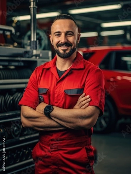 Fototapeta A person stands next to a vehicle in a garage, providing space for storage and maintenance