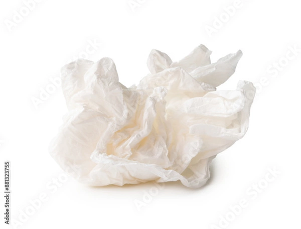 Fototapeta Front view of white screwed or crumpled tissue paper ball isolated with clipping path and shadow in png file format