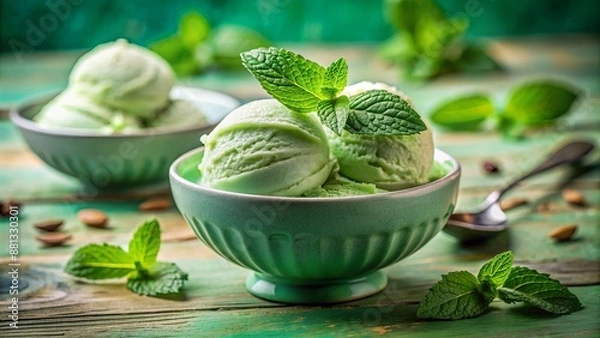 Obraz Fresh mint sorbet with suspended elements, fresh mint leaves, and creamy swirls float against a vibrant green background atmosphere.