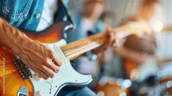 Fototapeta A guitarist strumming an electric guitar with intensity during a band practice session, showing the dynamics and collaborative spirit of a music group performance.