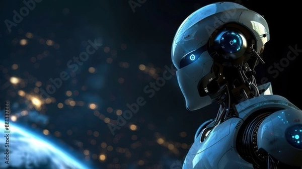 Fototapeta Futuristic robot with bright blue light in the eyes, standing against a beautiful earth background from space.