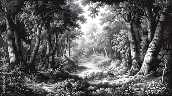 Fototapeta Engraving-style forest scene with diverse trees, undergrowth, rich natural backdrop.