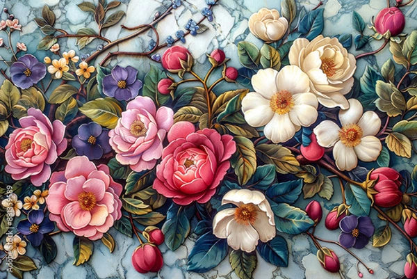 Fototapeta パネルの壁アート、壁の装飾、花のデザインの大理石の背景