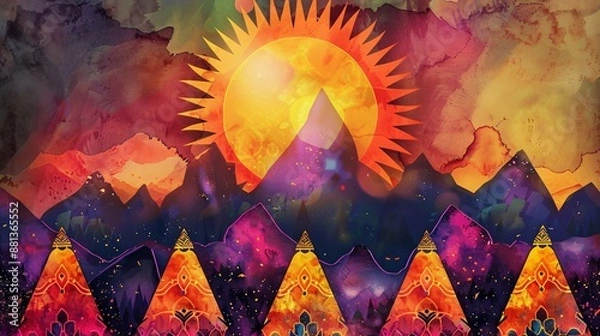 Obraz Watercolor Sunset over Mountain Range