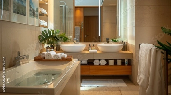 Fototapeta Modern bathroom with bathtub, double sinks and towels.