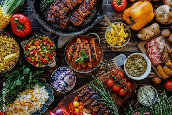 Obraz Hot Summer Barbecue: The Fourth of July Patriotic outdoor barbecue feast, generative artificial intelligence