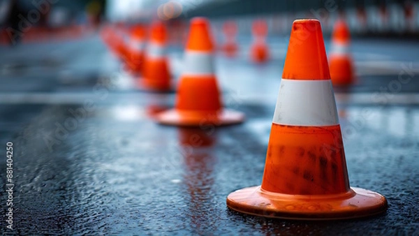 Fototapeta Traffic cones on a street as a warning sign