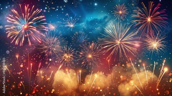 Fototapeta A beautiful fireworks display over a serene lake with a stunning sunset backdrop in a forested landscape during a summer festival.