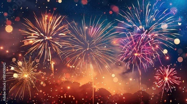 Fototapeta A vibrant fireworks display illuminates a summer festival evening, with colorful bursts of light over a serene cityscape and tranquil waters, surrounded by mountains and trees.