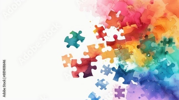 Fototapeta Colorful puzzle pieces forming an abstract design, symbolizing the diverse and interconnected nature of mental health support. Watercolor background vector illustration with copy space area.