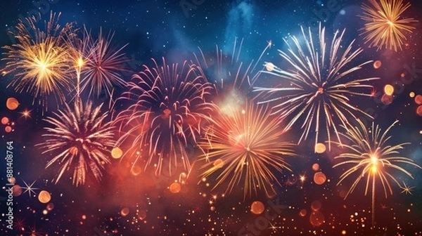 Fototapeta A vibrant fireworks display illuminates a summer festival evening, with colorful bursts of light over a serene cityscape and tranquil waters, surrounded by mountains and trees.