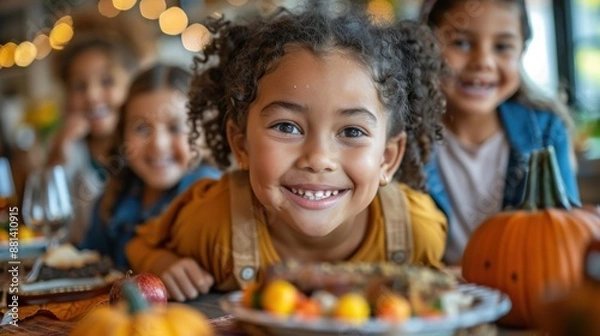 Fototapeta Group of children in Halloween costumes, happy expressions in a bright atmosphere, Halloween party background with a dinner table set.