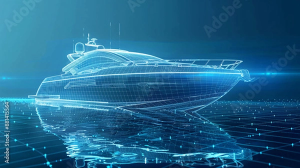 Fototapeta Side View of futuristic yacht blue wireframe. 3d rendered xray blue transparent boat wire frame	