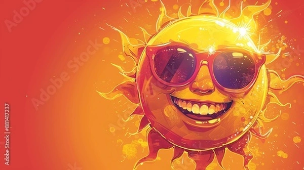 Fototapeta A vibrant illustration of a smiling sun wearing sunglasses, radiating joy and warmth against a bright orange background.