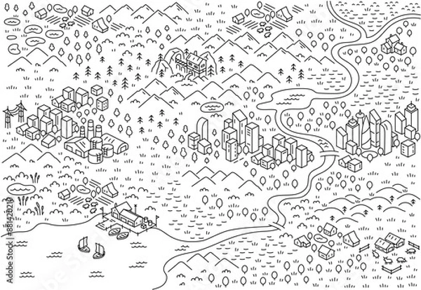 Fototapeta Vector Illustrations of isometry modern city. Area map sketch. Mountain river and village. Vector editable outline line stroke.