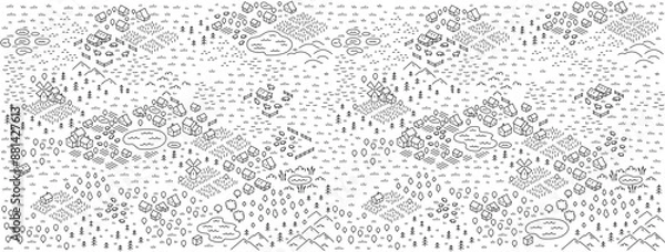 Fototapeta Vector Illustrations of isometry countryside village. Meadows fields wheat mill. Area map sketch. Vector editable outline line stroke.