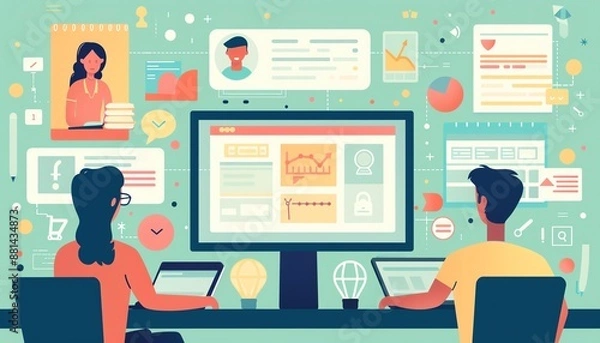 Fototapeta Elearning feedback system, students reviewing content, flat design illustration