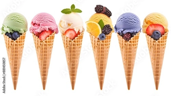 Obraz Assorted Ice Cream Cones with Fresh Fruits on White Background