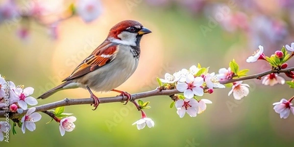 Fototapeta Sparrow perched delicately on a blooming branch in spring , sparrow, perched, bird, blossoming, branch, spring, nature, wildlife