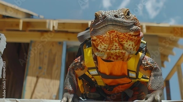 Obraz Gila Monster in a construction worker’s outfit, building a house