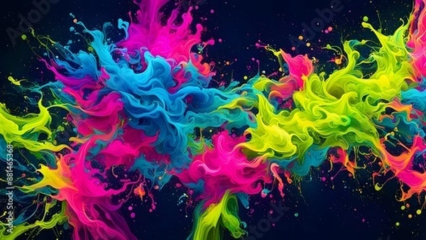 Fototapeta A dynamic splash of neon colors with paint splatter effects and fluid lines