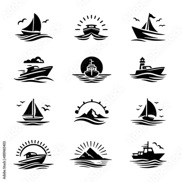 Fototapeta A set of boat and mountain logo silhouettes