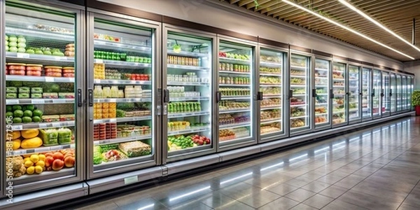 Fototapeta Refrigerated section of a supermarket with fresh products in cold storage, supermarket, refrigerated, fresh