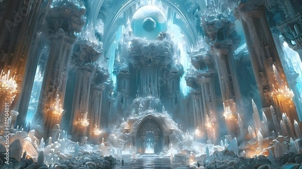 Fototapeta A large white structure with a lot of ice and snow. Scene is cold and serene