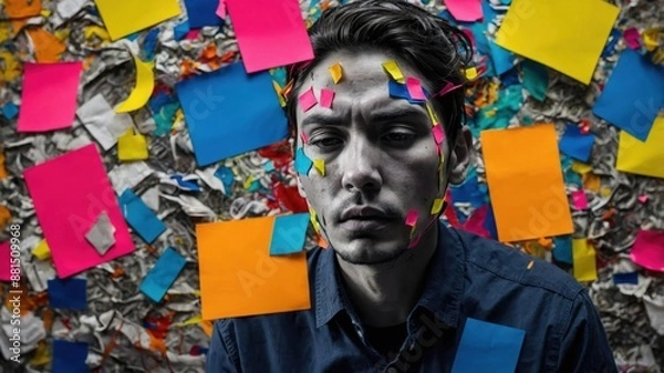 Obraz A man with colorful sticky notes on his face and an abstract background, symbolizing creativity, stress, and chaos in a modern work environment.
