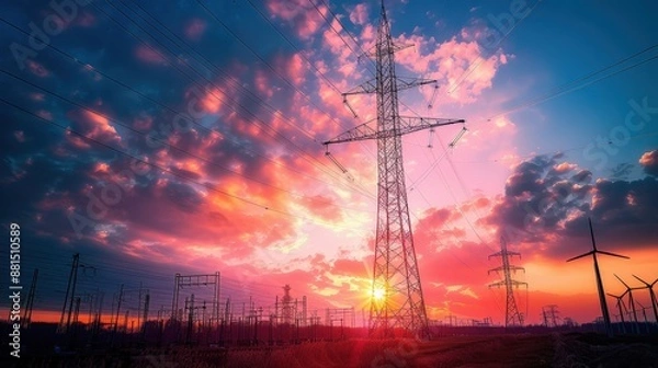 Fototapeta Stunning Sunset Over Power Lines and Wind Turbines in a Vibrant Sky