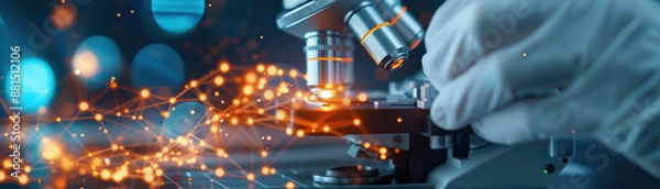 Obraz Scientist uses microscope for biological research with glowing particles. Advanced laboratory study in action.