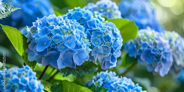 Obraz Beautiful Blue Hydrangea Flowers in Bloom , Stunning Close-Up of Vibrant Blue Hydrangeas in the Garden