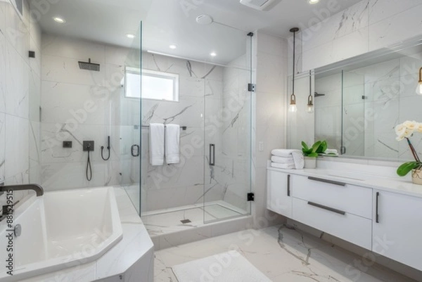 Fototapeta Clean lines in a white bathroom with a seamless glass shower and modern fixtures