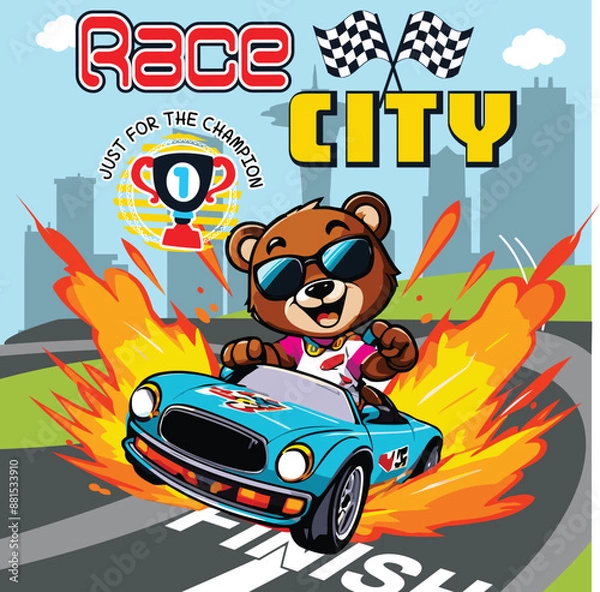 Obraz bear racing car with flag cartoon vector illustration
