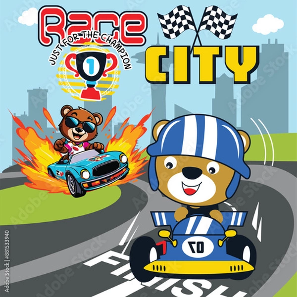 Obraz racing car with flag bear cartoon vector 