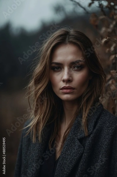 Obraz A moody portrait of a woman with long hair wearing a dark coat, standing outdoors against a blurred natural background.

