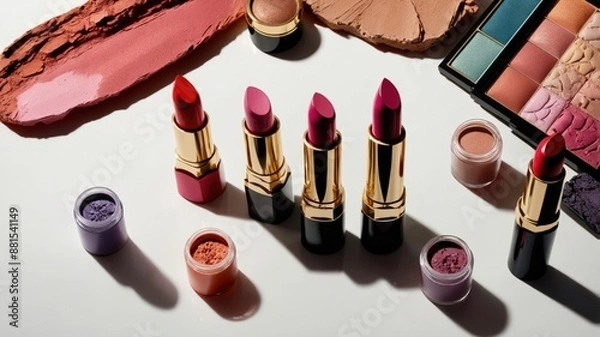 Fototapeta An assortment of colorful lipsticks and makeup products arranged on a white background, featuring eyeshadows, blushes, and palettes.
