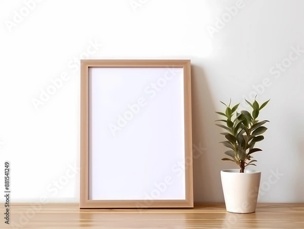 Fototapeta Blank wooden frame beside a potted plant on a wooden surface against a white wall.